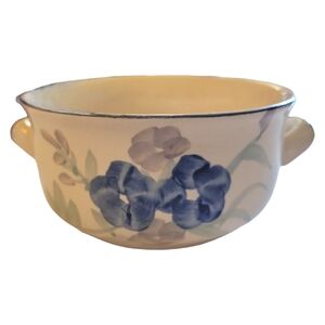 Vtg Pastel Blue Flowers Stoneware Handled Crock Bowl